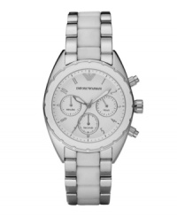 Make your eye for style known with this chic watch by Emporio Armani. Stainless steel bracelet with center links of white silicone and round case with white bezel. White chronograph dial features applied silver tone numerals, minute track, three subdials, luminous hands and logo. Quartz movement. Water resistant to 50 meters. Two-year limited warranty.