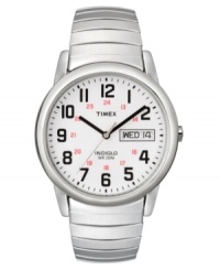 A sleek, versatile watch that wears well with every look by Timex. Stainless steel bracelet and round case. White dial with logo, date window and black numerals. Analog movement. Water resistant to 30 meters. One-year limited warranty.