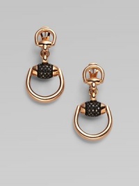 From the Horsebit Collection. A beautiful study in contrasts with a warm 18k gold design with rich, dark black diamond accents. 18k pink goldBlack diamonds, .82 tcwDrop, about 1½Post clip backMade in Italy