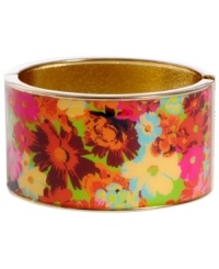 Infuse your look with the bold colors and exotic prints of Brasil. Crafted in gold tone mixed metal Haskell's Floral bangle features multicolored flower details and a hinge clasp. Approximate diameter: 2-1/2 inches. Approximate length: 8 inches. Item comes packaged in an orange gift box.