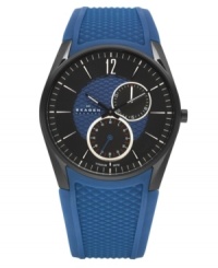 A sophisticated sportwatch with the added comfort of cool blue silicone, by Skagen Denmark.