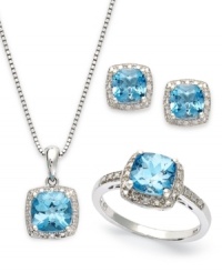 Bedeck yourself in blue. This pretty jewelry set highlights cushion-cut blue topaz (5-7/8 ct. t.w.) with halos of sparkling diamond accents. Set in sterling silver. Approximate length: 18 inches. Approximate drop (pendant): 1 inch. Approximate diameter (earring): 1/2 inch. Ring Size 7.