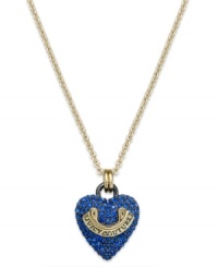 Love that glitters. Juicy Couture's pendant necklace features a darling heart charm embellished with blue pave crystals. Finished with a gold tone logo banner. Crafted in gold tone mixed metal. Approximate length: 30 inches + 3-inch extender. Approximate drop: 1 inch.