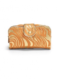 THE LOOKZebra-inspired metallic swirls on canvasPetite rectangular silhouetteSnap tab closure with signature goldtone S studUnfolds to reveal two clear zip pocketsInside removable zip pouchTHE MEASUREMENT7¼W X 3¼H X 2DTHE MATERIALCanvasFully linedORIGINImported