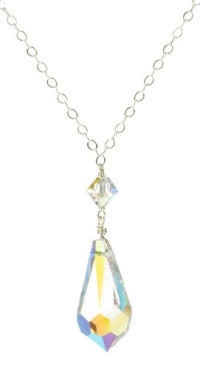 Sterling Silver Swarovski Elements Crystal Aurora Borealis Teardrop Pendant Necklace with Bicone Necklace, 18