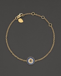 A diamond enhanced evil eye mixes with yellow and blue sapphires on a gold bracelet. Matching necklace sold separately. Designed by Meira T.