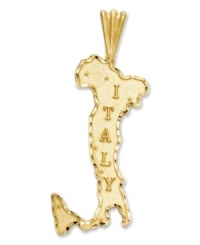 Display your pride and love for a place that truly puts the Rome in Romance! Delicate text reads Italy upon this gorgeous 14k gold charm. Chain not included. Approximate drop length: 1-1/5 inch. Approximate drop width: 1/2 inch.