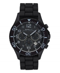 Understated style for the sports enthusiast. Watch by Marc by Marc Jacobs crafted of black silicone bracelet and round black-plated stainless steel case with numerals at bezel. Black chronograph dial features numerals, date window, three subdials, three hands and logo. Quartz movement. Water resistant to 50 meters. Two-year limited warranty.