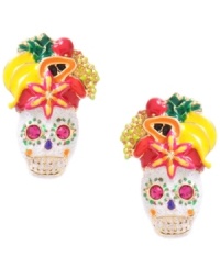 An exotic mix. No one but Betsey Johnson would think to blend skulls and fruit for fashion. Crafted in gold-plated mixed metal with multi-colored enamel details and glass accents. Approximate drop: 1 inch.