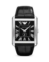 Heritage style informs this Emporio Armani watch, which flaunts a sleekly styled rectangular face, black matte dial, and croc-embossed leather strap.