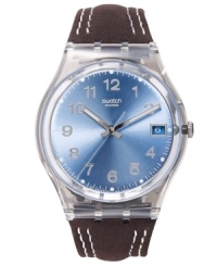 Captivating blues catch the eye on this casual leather watch from Swatch's Blue Choco collection.