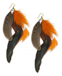 Animal attraction. Feather and suede accents in brown and orange hues combine on a gold tone mixed metal ear wire in Ali Khan's exotic style. Approximate drop: 5-3/4 inches.