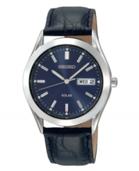 High-powered style. Solar energy moves this cool blue-dial Seiko watch. Round stainless steel case and black leather strap. Blue dial with stick indices and day/date window. 10-month energy storage. Quick-start function and energy depletion warning. Solar quartz movement. Water resistant to 30 meters. Three-year limited warranty.