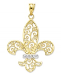 For the love of France! This pretty filigree charm features the iconic Fleur de Lis in 14k gold and sterling silver. Chain not included. Approximate length: 1-3/5 inches. Approximate width: 1 inch.