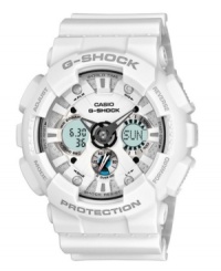 Refined and untouched in appearance, this tough sports watch from G-Shock is the best of both worlds. Crafted of matte white resin strap and round case. Analog digital shock-resistant dial features logo, world time, multifunction alarm, countdown timer, stopwatch, 12/24 hour formats, mute, speed indicator, auto LED light, hour and minute hands and stick indices. Quartz movement. Water resistant to 200 meters. One-year limited warranty.