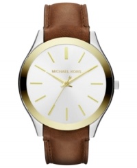 A chocolate leather strap pairs wonderfully with a touch of golden shine on this Slim Runway watch from Michael Kors.