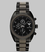 Classic chronograph functionality with a modern, sporty twist in stainless steel with a silicone bracelet. Round bezel Quartz movement Three-eye chronograph functionality Water resistant to 3 ATM Date function Second hand Stainless steel case: 43mm (1.69) Silicone bracelet: 23mm (0.90) Imported 