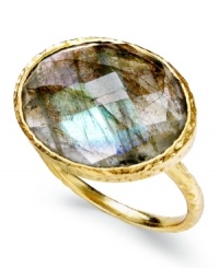 Stylishly stunning. Studio Silver's ring is set in 18k gold over sterling silver with a labradorite stone (8-1/4 ct. t.w.) adding an elegant touch. Approximate stone size: 3/4 inch x 5/8 inch. Size 7 and 8.