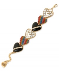 Wear your hearts near your sleeve. This bracelet from Betsey Johnson is crafted from gold-tone mixed metal with heart charms featuring glass crystals, glitter and silver-tone squares for a stylish touch. Approximate length: 7-8-1/2 inches long.