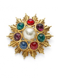 THE LOOKByzantine collectionTextured sunburst designColored glass stone and faux pearl accents24k electroplated gold settingLatch closureTHE MEASUREMENTDiameter, about 3ORIGINMade in USA