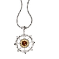 925 Silver, Diamond & Smoky Quartz Large Round Sailor Wheel Pendant with 18k Gold Accents (0.13ctw)