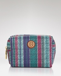 Sunny stripes enliven this fully lined Tory Burch cosmetics case, which works a laid-back style in printed coated canvas.