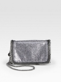 Faux leather details accent this textured metallic style with shiny link chain trim that follows the brand's vegetarian initiatives.Concealable chain shoulder strap, 25 dropMagnetic snap closureOne inside open pocketFully lined8W X 5H X 2DMade in Italy