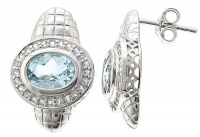 Sterling Silver Earrings With Bezeled Oval Sky Blue Topaz And White Topaz Pave