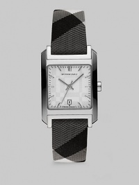 Stainless steel case with check print strap. Quartz movement Water resistant to 5 ATM Rectangular stainless steel case, 25mm (1) X 29 (1.1) Smooth bezel Check etched dial Bar hour markers Date display at 6 o'clock Second hand Beat check strap, 16mm wide (0.6) Made in Switzerland 