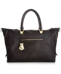 Stay on trend with this gorgeous Steve Madden tote ideal for the busy girl-on-the-go. A portable silhouette covered in a sleek python print with shiny gold-tone hardware and unique side zipper detailing.