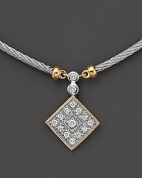 A yellow gold and stainless steel square necklace with diamonds. Designed by Charriol.