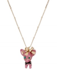 A woman's best friend. A darling chihuahua pendant necklace from Betsey Johnson with pink glitter, crystal accents and gold tone details. Crafted in antiqued gold tone mixed metal. Approximate length: 16 inches + 3-inch extender. Approximate drop: 1 inch.