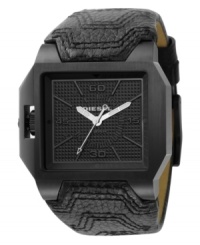 Tough to the last second. This Diesel watch features a textured black leather strap with tonal stitching and ion-plated black stainless steel square case, 48x47mm. Black matte textured dial with stick indices, numerals and logo. Quartz movement. Water resistant to 50 meters. Two-year limited warranty.