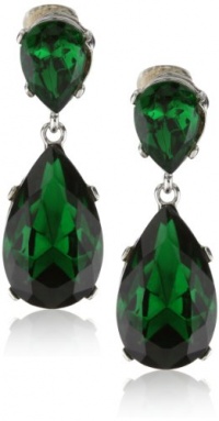 Kenneth Jay Lane Emerald-Color Teardrop Silver Clip Earrings