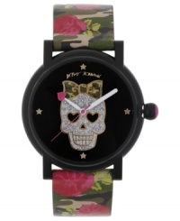 Beautifully dark. This Betsey Johnson watch flaunts floral patterns and eye-catching graphics.