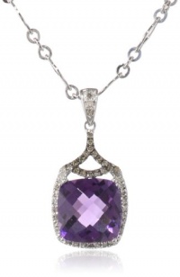 Badgley Mischka Fine Jewelry Sterling Silver White and Champagne Diamonds Large Cushion Cut Amethyst Pendant Necklace