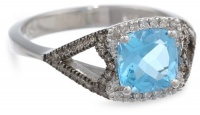 Badgley Mischka Fine Jewelry Sterling Silver White and Champagne Diamonds Cushion Cut Blue Topaz Ring, Size 7