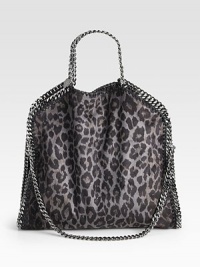 An animal printed faux suede style with shiny link chain trim in a chic fold-over design that follows the brand's vegetarian initiatives.Double chain top handles, 5 dropChain shoulder strap, 11 dropMagnetic snap closureOne inside zip pocketFully lined14W X 14½H X 3DMade in Italy