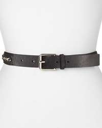 A bold all-around chain details this Cole Haan leather belt, styled to add a biker chic edge to a standard jeans and tee combination.