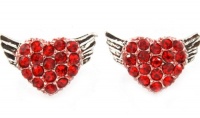 Gorgeous Silver Plated Flying Heart Angel Wings Stud Earrings with Sparkling Red Crystals