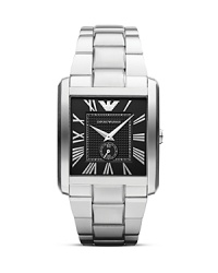 A sleek square face adds graphic elegance to an Emporio Armani watch, finished by a stainless steel bracelet.