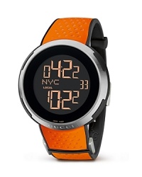 Gucci goes sporty with this rubber strap digital watch.