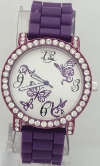 Mark Naimer Butterfly Purple Watch Rhinestone on Bezel Purple Case N Silicon Rubber Band