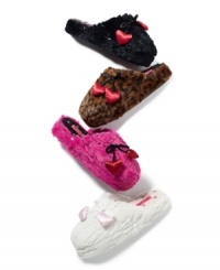 Slip into something completely cozy with these plush scuff slippers from Betsey Johnson, featuring an adorable heart bow and shimmery sequin.