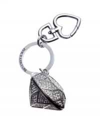 A charming way to keep your keys exquisitely organized, this Juicy Couture key fob is perfectly precious. Features a rhinestone embellished diamond-shaped locket, signature heart and logo-embossed key ring.