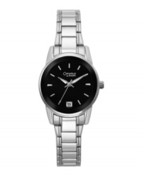 Contemporary flair with ageless appeal. Watch by Carvelle by Bulova crafted of silver tone mixed metal bracelet and round case. Glossy black enamel dial features silver tone stick indices, date window at six o'clock, luminous hour and minute hands, second hand, and logo. Quartz movement. Water resistant to 30 meters. Two-year limited warranty.