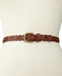 A feminine scalloped design blends with subtle perforations and studs on this thin leather belt from Fossil.