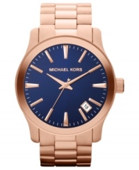 A blue dial adds allure to this rosy Runway watch from Michael Kors.