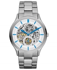 Get to the heart of the matter. This Ansel collection automatic watch from Fossil showcases its inner-workings with a skeleton dial and brings pop with cool blue accents.