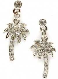 Adorable Silver Plated Tropical Palm Tree Crystal Embellished Charm Dangle Earrings with Post Backing